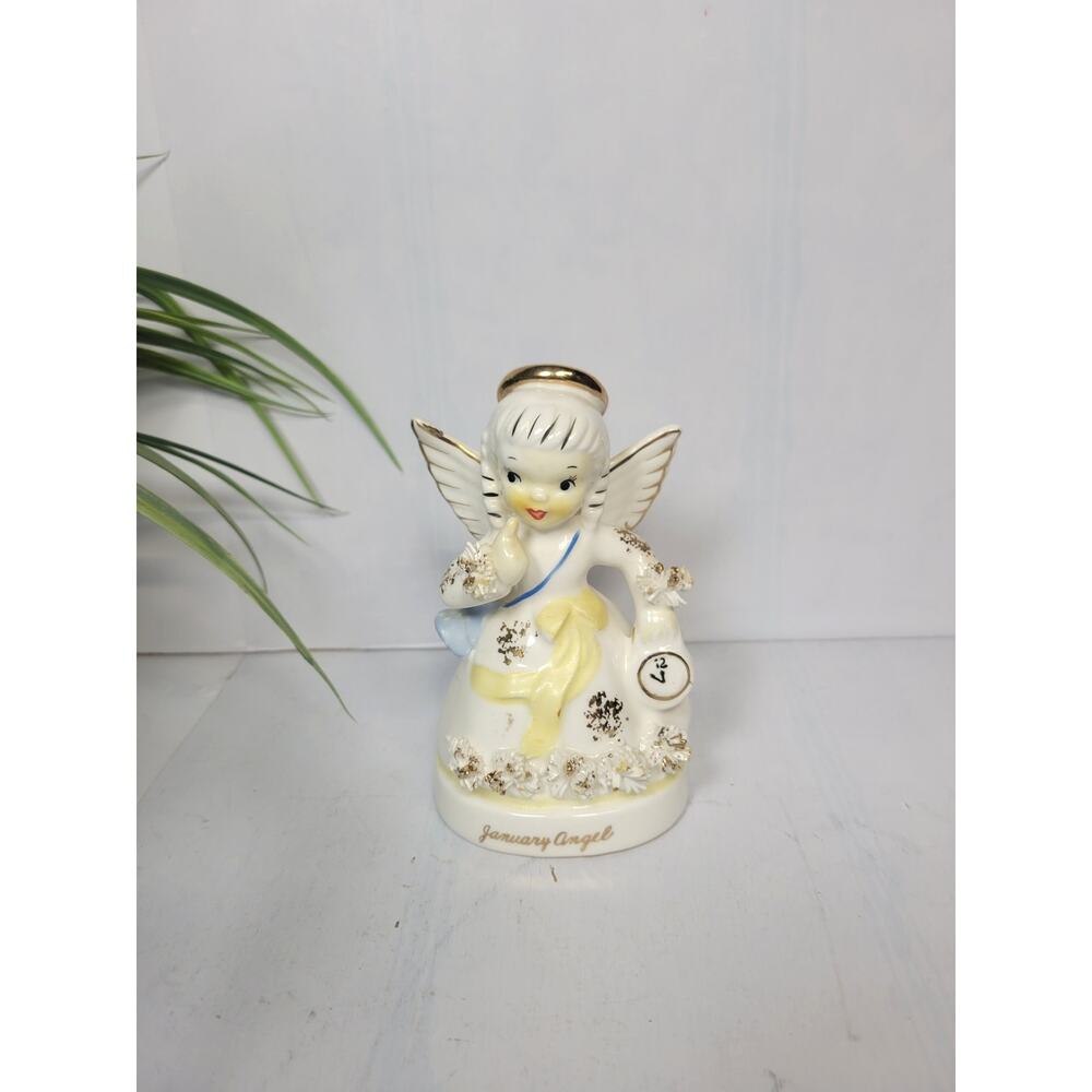 Vintage Napco January Angel Figurine S1361 New Year Clock Spaghetti Trim Japan